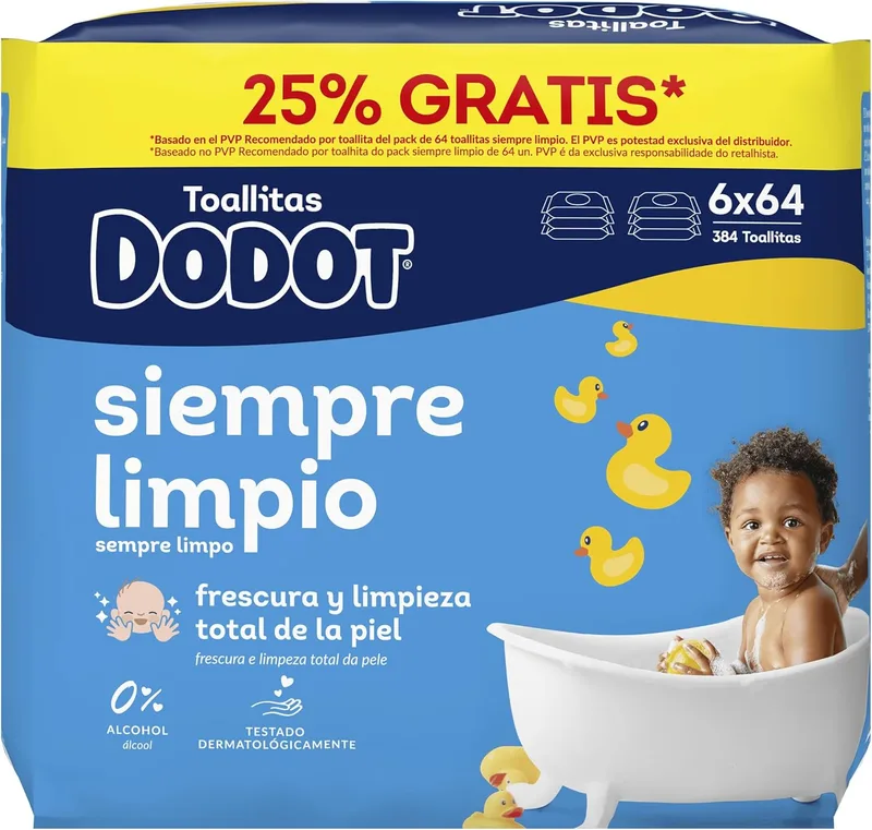 DODOT ▫️ Toalhitas para bebé «Seco», 384 toalhitas, restabelecem o pH da pele do bebé (6 embalagens de 64)