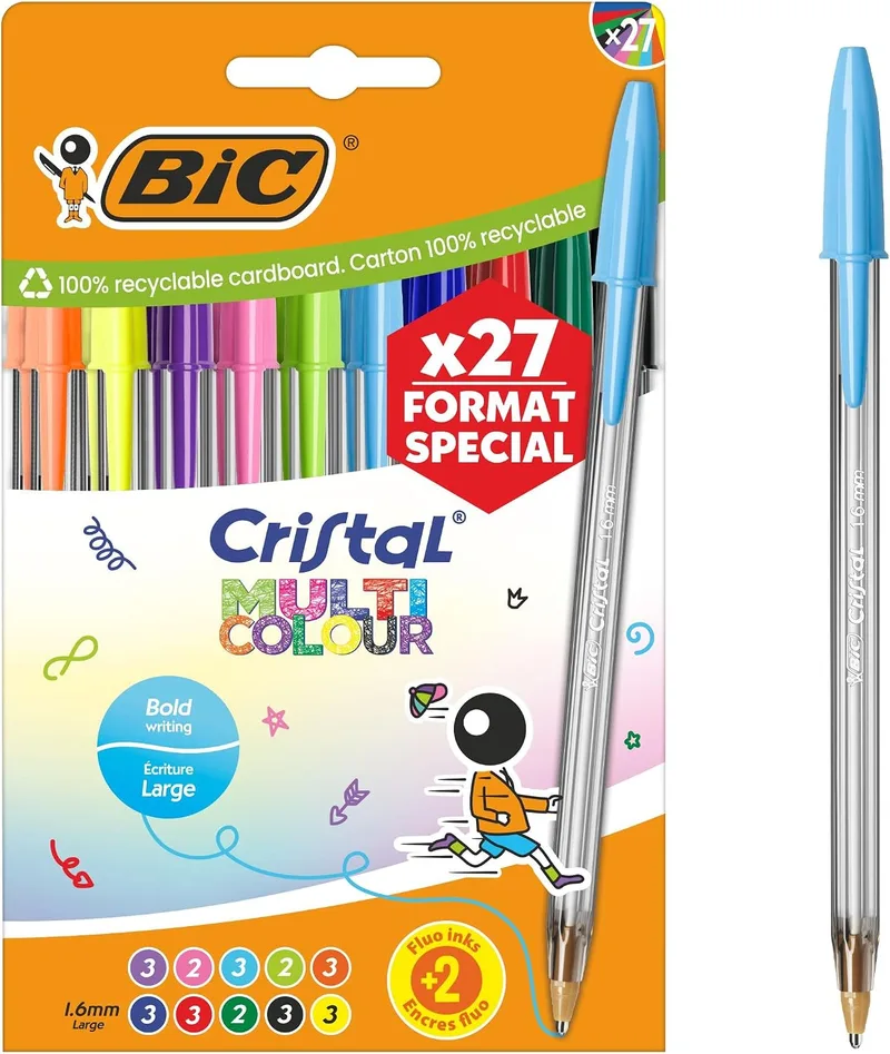 BIC ▫️ Canetas esferográficas Cristal Multicolour de ponta larga (1,6 mm) – Cores variadas, embalagem de 20+7 unidades, ideais para desenhos e anotações, multicoloridas