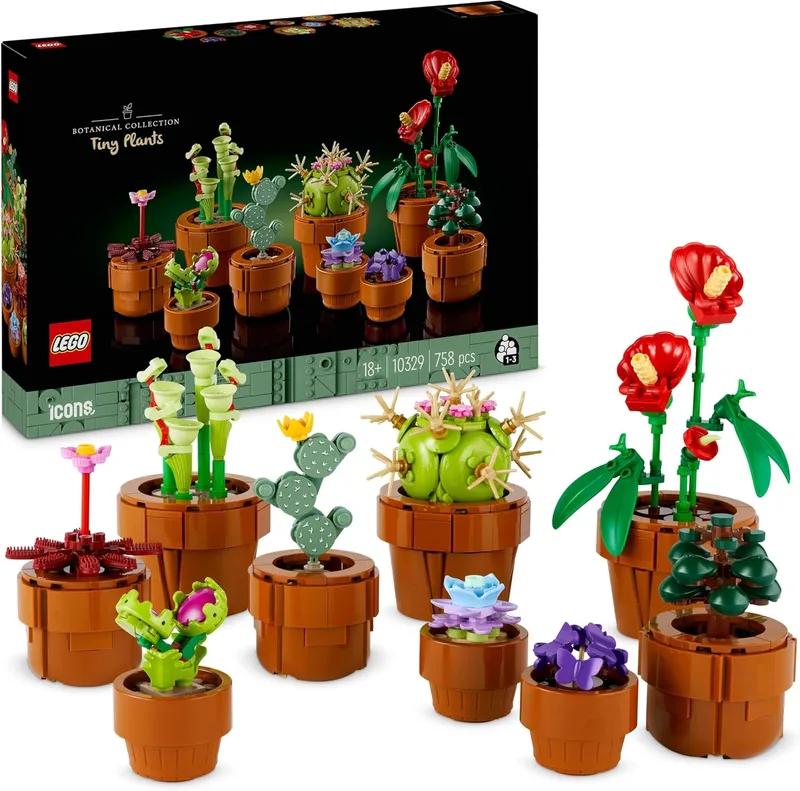 LEGO ▫️ Botanicals Tiny Plants - Conjunto de 9 vasos de flores artificiais para interior, incluindo cactos artificiais e antúrio vermelho - Presentes para aquecer a casa e decoração da casa - 10329