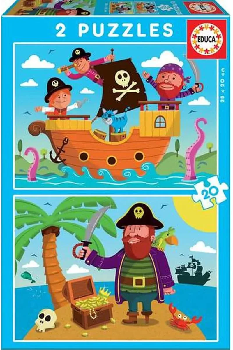 Educa ▫️ Conjunto de 2 puzzles infantis de 20 peças com personagens engraçadas de piratas. A partir dos 3, 4 e 5 anos (17149)