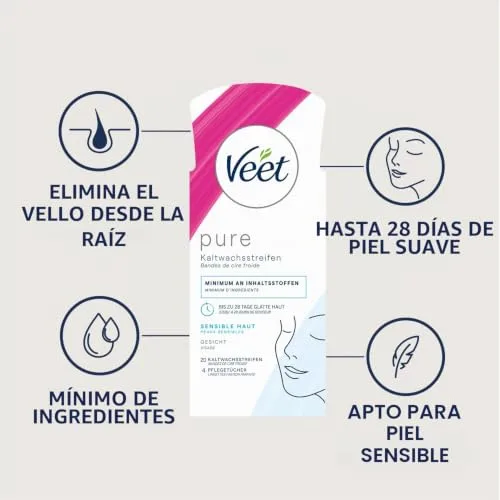 Veet ▫️ para o rosto Precision - Cera fria em tiras Easy com tecnologia Gelwax para peles sensíveis, 10 tiras duplas (20 tiras no total) 3
