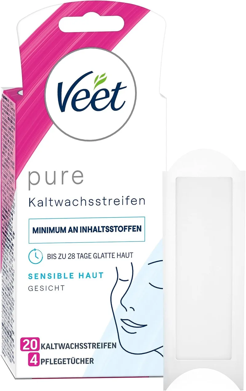 Veet ▫️ para o rosto Precision - Cera fria em tiras Easy com tecnologia Gelwax para peles sensíveis, 10 tiras duplas (20 tiras no total)