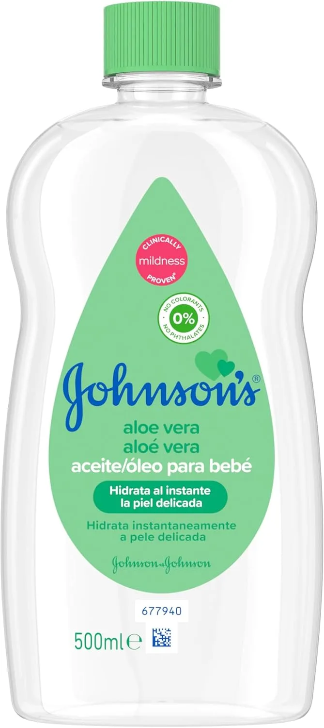 Johnson's Baby ▫️ Óleo Corporal Hidratante com Aloé Vera (500 ml), óleo hipoalergénico para bebés desenvolvido para peles delicadas, enriquecido com aloé vera, ajuda a acalmar e a aliviar a secura.