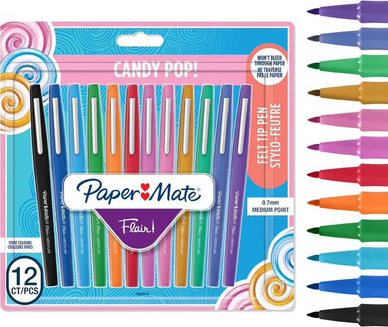 Paper Mate ▫️ Marcadores de feltro Flair Candy POP | ponta média (0,7 mm) | cores variadas | embalagem de 12