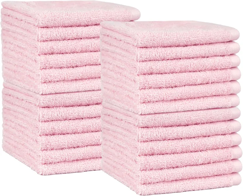 Amazon Basics ▫️ Conjunto de toalhas de banho 100 % algodão, absorventes, toalha de lavatório 30 x 30 cm, rosa claro, embalagem de 24 unidades