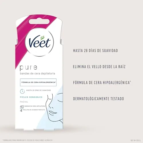 Veet ▫️ Pure - Tiras de cera fria para depilação facial, adequadas para o lábio superior (bigode), fórmula hipoalergénica para peles sensíveis, 40 tiras 2