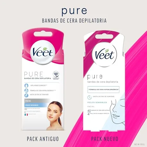 Veet ▫️ Pure - Tiras de cera fria para depilação facial, adequadas para o lábio superior (bigode), fórmula hipoalergénica para peles sensíveis, 40 tiras 5