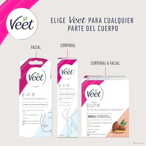 Veet ▫️ Pure - Tiras de cera fria para depilação facial, adequadas para o lábio superior (bigode), fórmula hipoalergénica para peles sensíveis, 40 tiras 6