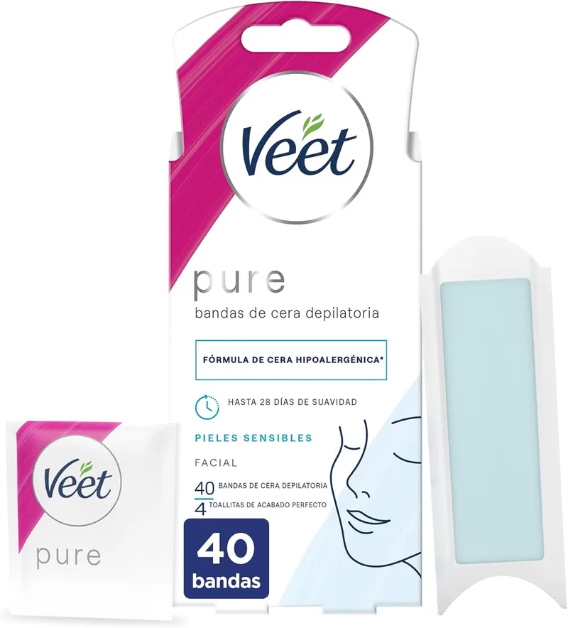 Veet ▫️ Pure Cold Waxing Wax Strips para depilação facial Adequado para o lábio superior (bigode), fórmula de cera hipoalergénica para peles sensíveis, 40 tiras