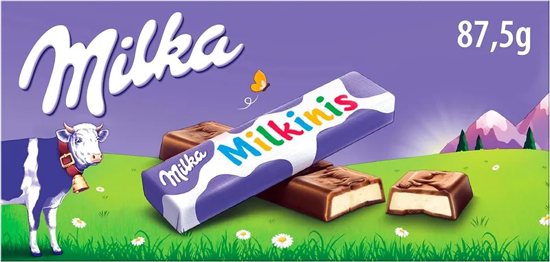 Milka ▫️ Milkinis, Chocolate de Leite Alpino Mini tabletes de chocolate de leite, recheadas com creme de leite, 87,5 g