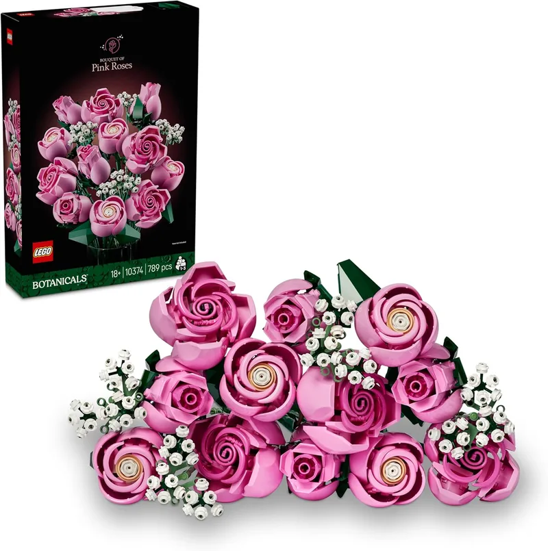 LEGO ▫️ Botanicals Bouquet de Rosas Rosa - Flores Artificiais Modelos Adultos - 12 Rosas e 4 Ramos de Paniculata Artificial - Decoração Floral para o Lar - Prenda Romântica para Mulher 10374