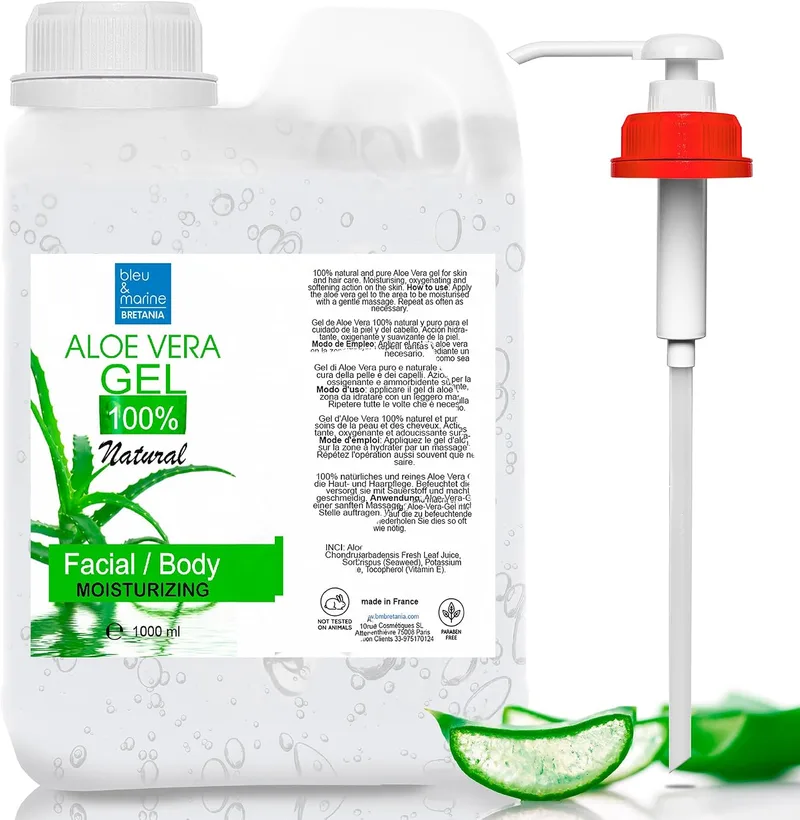 bleu & marine Bretania ▫️ Gel de Aloé Vera, Puro, 100% Natural, Cultivo Biológico, Cosméticos Caseiros, Cuidados com o Cabelo e a Pele, Vegano, Sem Testes em Animais, 1000 ml com dispensador