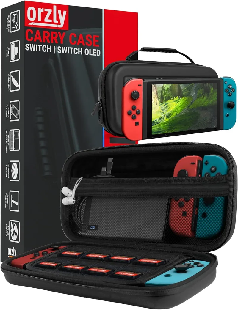Orzly ▫️ Mala de transporte compatível para Switch OLED e consola Switch original - Mala de viagem protetora de transporte rígido portátil com bolsos para arrumação
