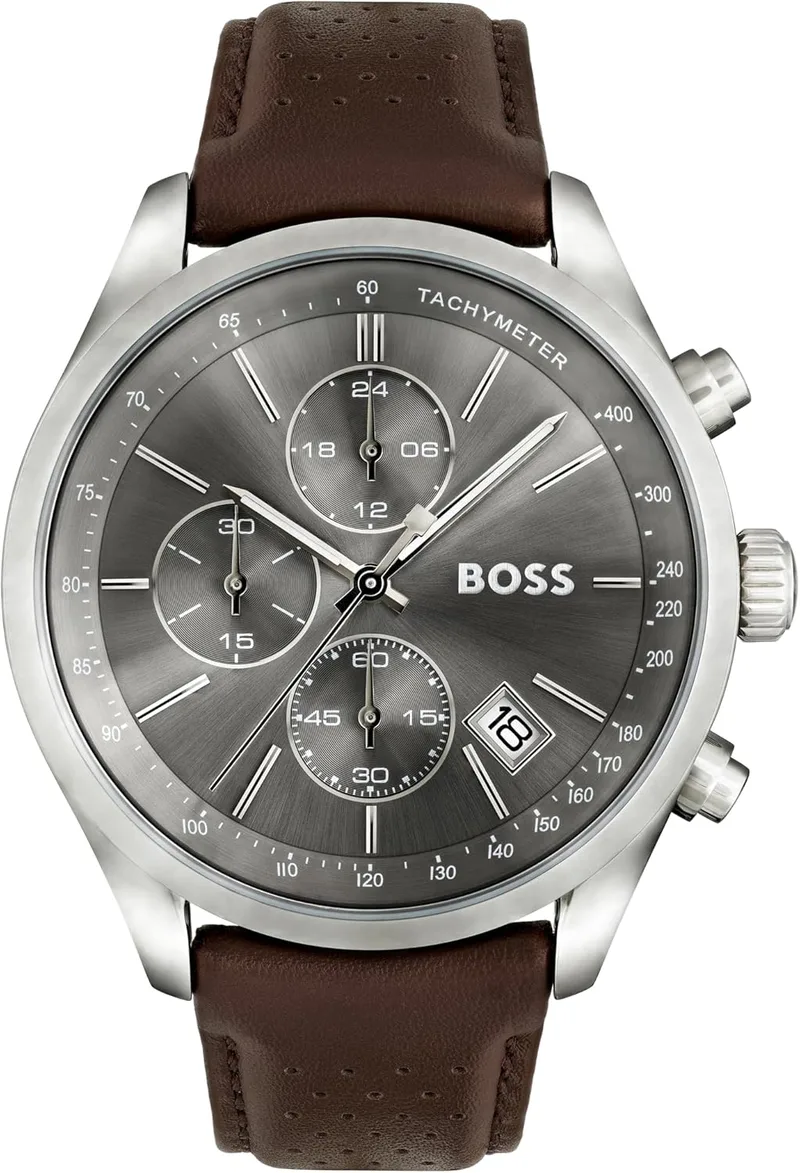 BOSS ▫️ Relógio cronógrafo de quartzo para homem, da coleção Grand Prix, com bracelete em pele ou em aço inoxidável