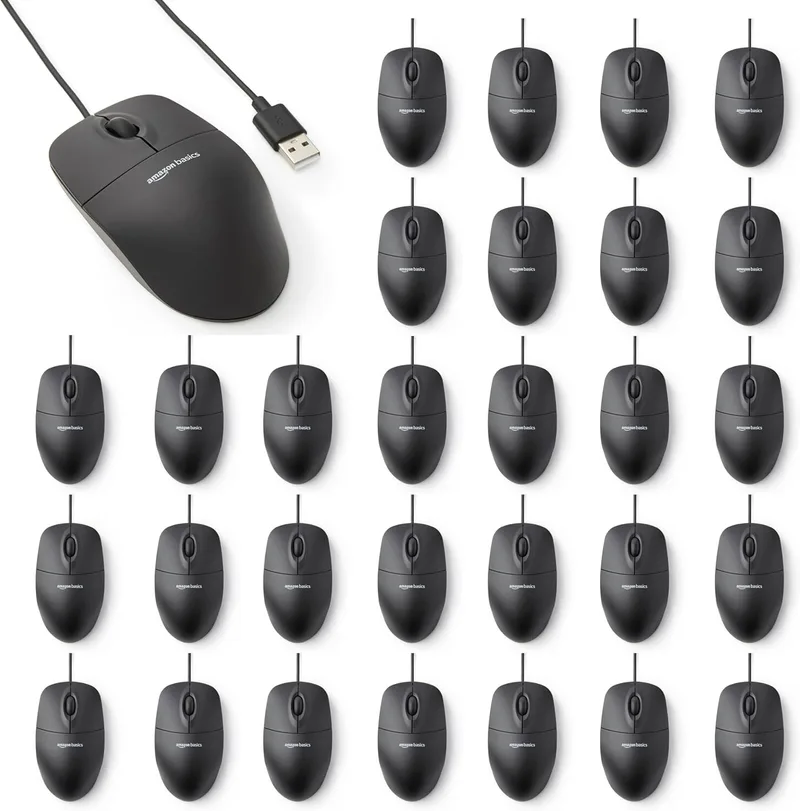 Amazon Basics ▫️ Conjunto de 30 ratos com 3 botões e cabo USB (preto)