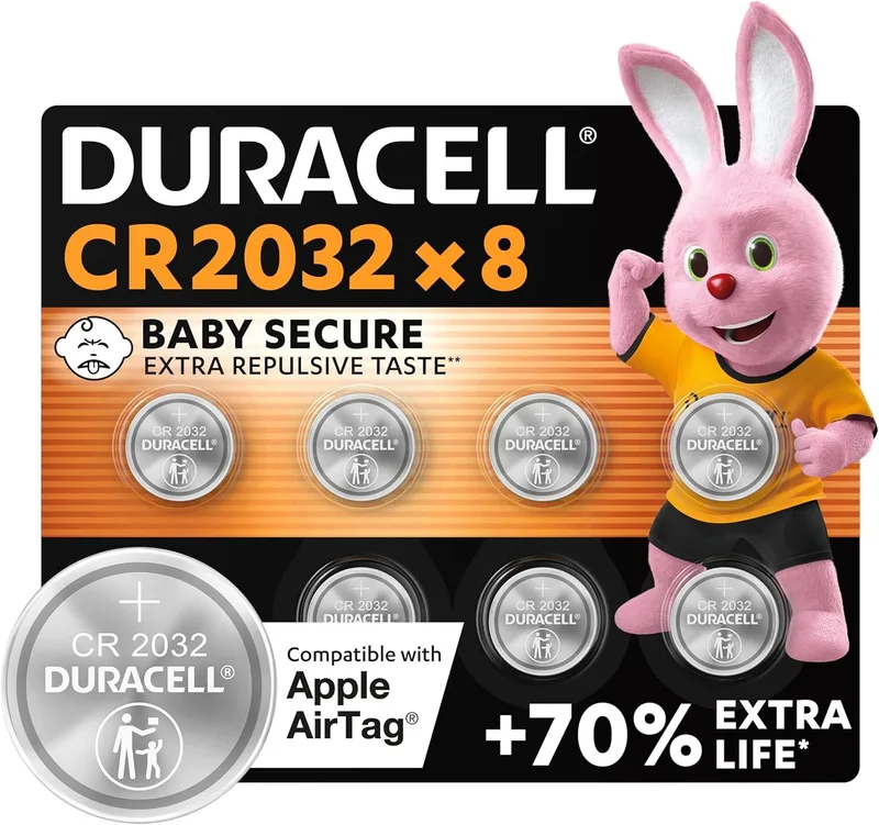 Duracell ▫️ Pilhas botão de lítio CR2032 3V (embalagem de 8) - Até 70% de vida extra - Tecnologia Baby Secure - Para Apple AirTag, chaves remotas, aparelhos domésticos, desportivos e médicos
