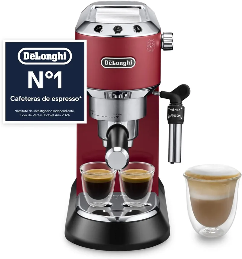 De'Longhi ▫️ Dedica - Cafeteira com bomba de aço inoxidável para café moído ou dose única, máquina de café expresso e cappuccino, reservatório de 1,3 litros, sistema anti-gotejamento, EC685.R, vermelho