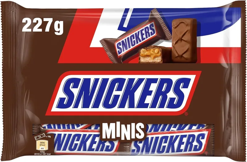 Snickers ▫️ Barra de chocolate Minis com deliciosa manteiga de amendoim, caramelo suave e pepitas de amendoim revestidas com chocolate de leite, ideal para oferecer, 227 g