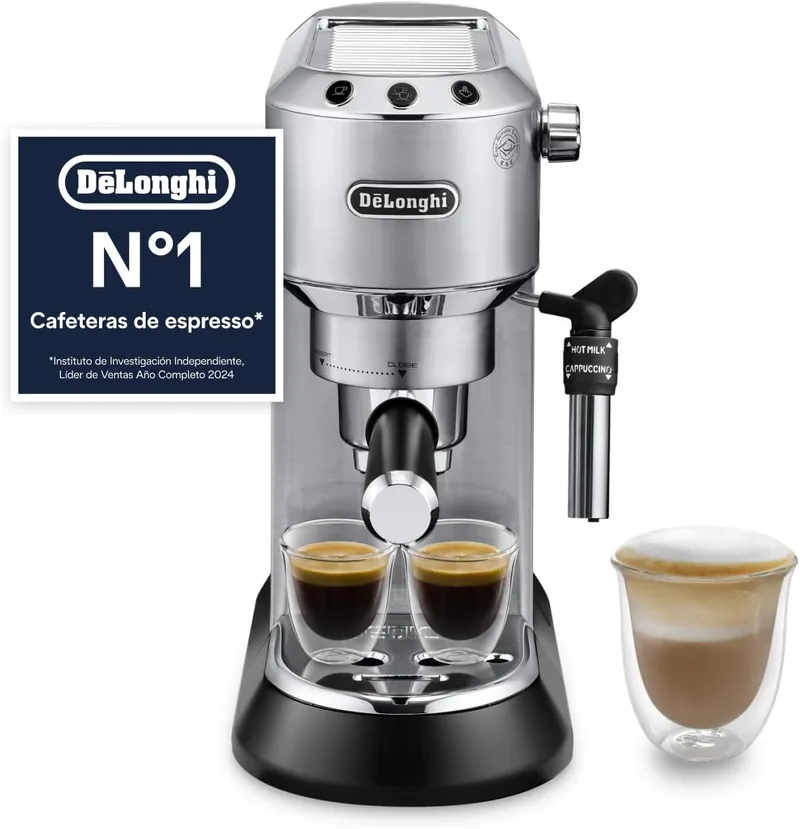 De'Longhi ▫️ Dedica - Cafeteira com bomba de aço inoxidável para café moído ou dose única, máquina de café expresso e cappuccino, reservatório de 1,3 litros, sistema anti-gotejamento, EC685.M, Metal