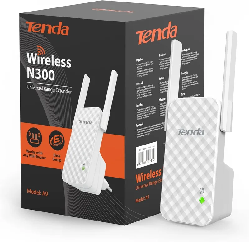 Tenda ▫️ A9 N300 Repetidor de rede Wi-Fi, extensor e amplificador de cobertura (300 Mbps, 2 antenas externas, cobertura de rede Wi-Fi sem fios superior a 200 metros, compatível com routers e ADSL/fibra)