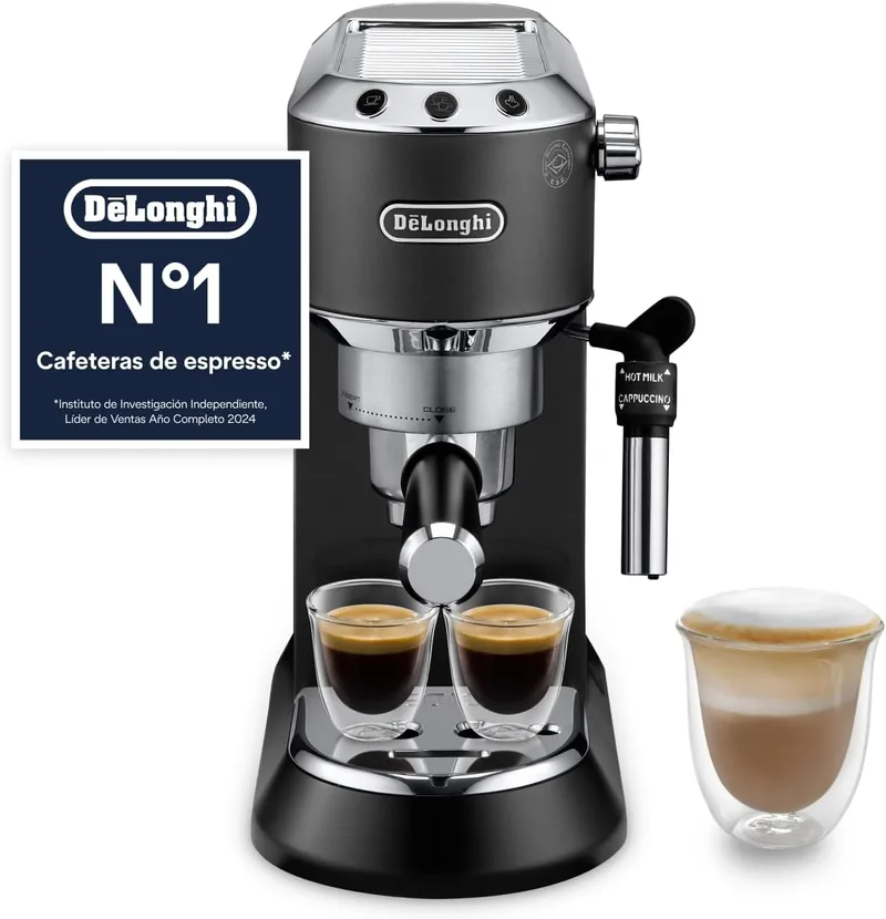 De'Longhi Dedica - Cafeteira com bomba de aço inoxidável para café moído ou dose única, máquina de café expresso e cappuccino, reservatório de 1,3 litros, sistema anti-gotejamento, EC685.BK, preto