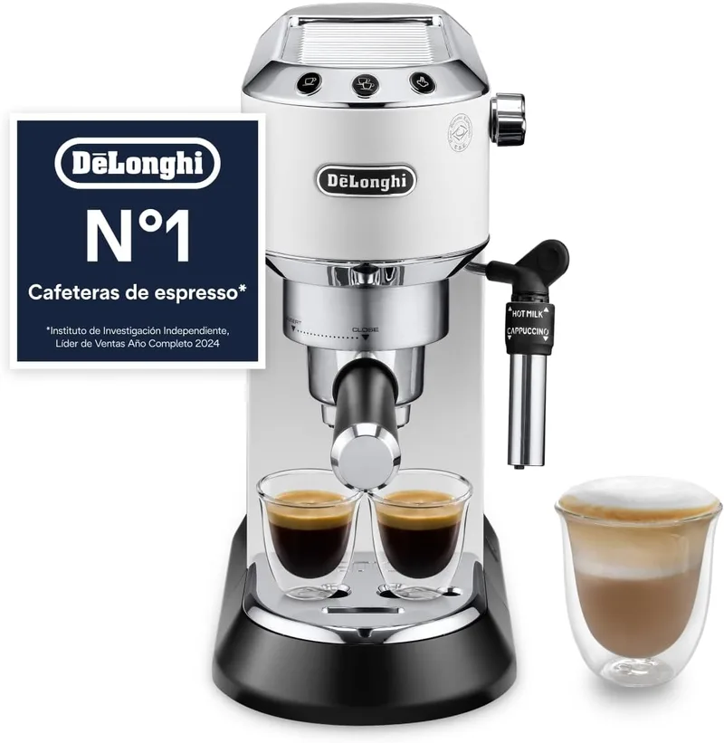 De'Longhi ▫️ Dedica - Máquina de café com bomba em aço inoxidável para café moído ou monodose, máquina de café para expresso e cappuccino, depósito de 1,3 litros, sistema anti-gotejamento, EC685.W, branco