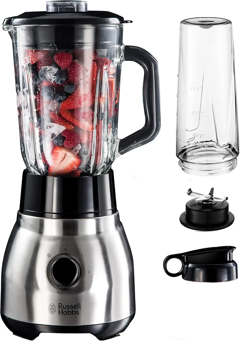 Russell Hobbs ▫️ Liquidificador 2 em 1 com jarro de aço inoxidável - Liquidificador para smoothies, jarro de vidro de 1,5 L, copo para sumos e batidos, lâmina de aço inoxidável com 4 pontas, bloqueio de segurança, prateado - 23821-56