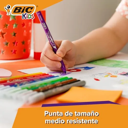 BIC ▫️ Kids Kid Couleur, marcadores laváveis para crianças, ponta média, cores variadas. Ideais para atividades criativas. Estuche com 36 marcadores. 4