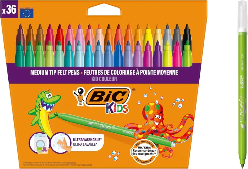 BIC ▫️ Kids Kid Couleur, marcadores laváveis para crianças, ponta média, cores variadas. Ideais para atividades criativas. Estuche com 36 marcadores.