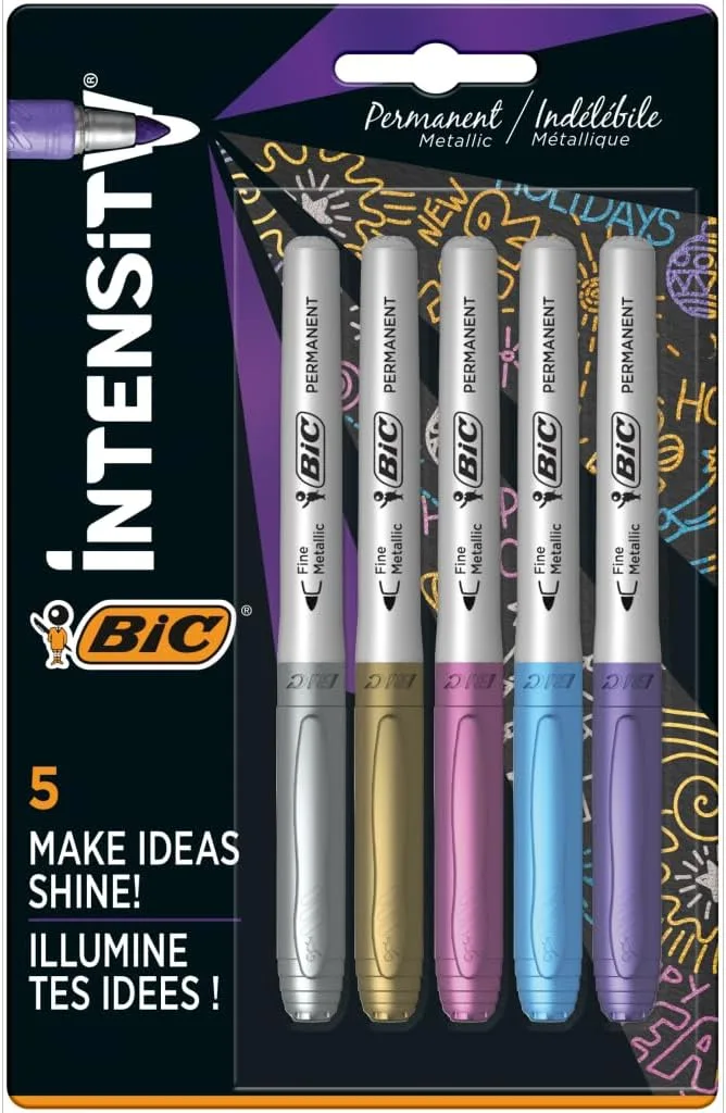 BIC ▫️ Marcadores permanentes metálicos embalagem de 5, variedade de cores metálicas, para superfícies escuras e claras, com pouco odor (vários modelos)