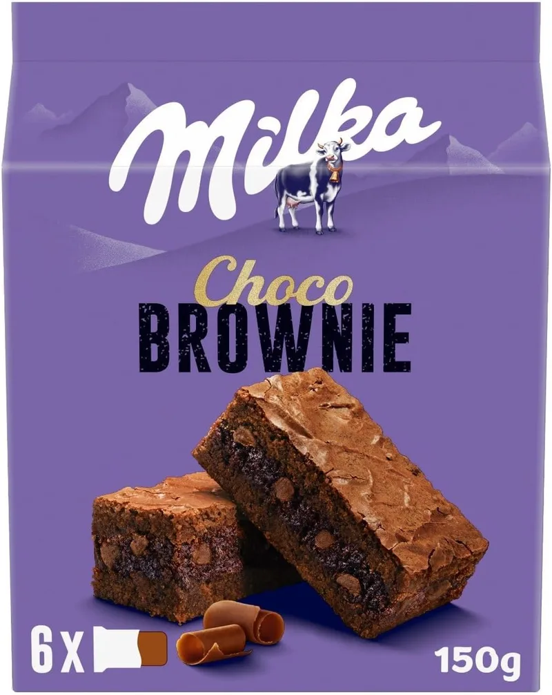 Milka ▫️ Choco Brownie Bolo de Chocolate de Leite Alpino com Pedaços de Chocolate de Leite, 150g