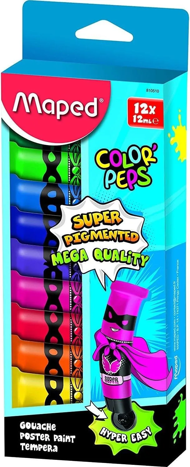Maped ▫️ 12 TINTAS GUACHE EM TUBO DE 12ML X12 CAIXAS DE CARTÃO