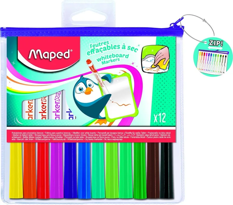 Maped ▫️ Marcadores para colorir para crianças - Fun Color's - 12 marcadores de apagar a seco - Cheiro neutro - Inclui estojo com fecho de correr - Várias cores vivas