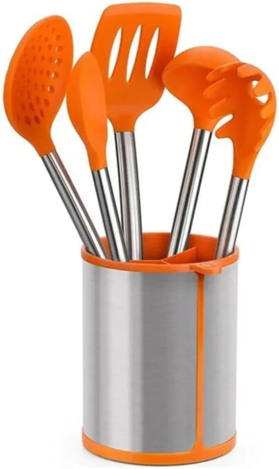 BRA ▫️ Conjunto de 5 utensílios de cozinha e carrossel Efficient, aço inoxidável, nylon e silicone, laranja, 14,5 x 15 x 15 x 37,5 cm