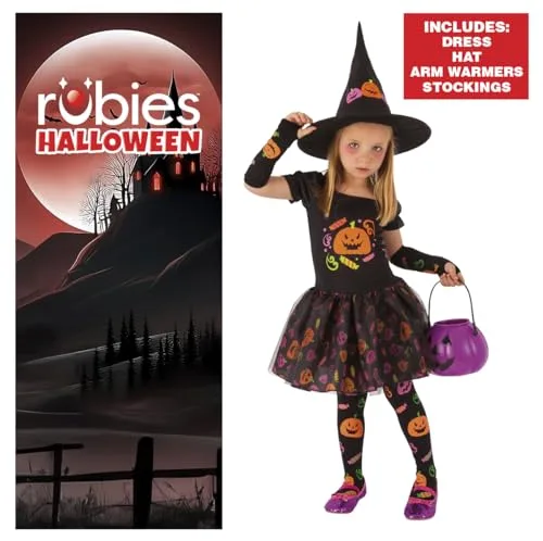 Rubies ▫️ Fato de bruxa «Candy» para menina, vestido de bruxa com manguitos, meias e chapéu com motivos de abóboras estampados, original, ideal para o Halloween, o Carnaval e os aniversários 2