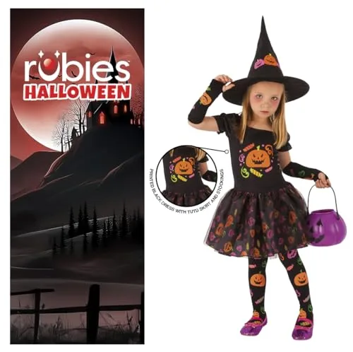 Rubies ▫️ Fato de bruxa «Candy» para menina, vestido de bruxa com manguitos, meias e chapéu com motivos de abóboras estampados, original, ideal para o Halloween, o Carnaval e os aniversários 3