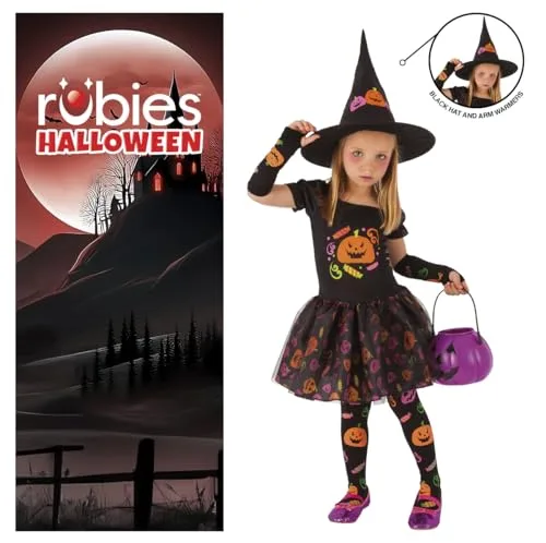 Rubies ▫️ Fato de bruxa «Candy» para menina, vestido de bruxa com manguitos, meias e chapéu com motivos de abóboras estampados, original, ideal para o Halloween, o Carnaval e os aniversários 4