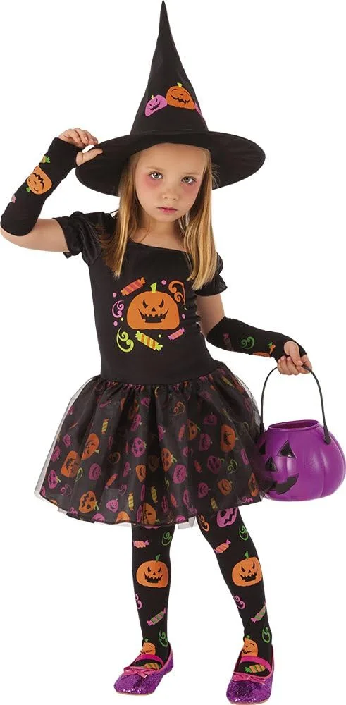 Rubies ▫️ Fato de bruxa «Candy» para menina, vestido de bruxa com manguitos, meias e chapéu com motivos de abóboras estampados, original, ideal para o Halloween, o Carnaval e os aniversários