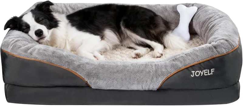 JOYELF ▫️ Cama grande de espuma viscoelástica para cães, cama ortopédica para cães e sofá com capa removível e lavável, e brinquedos que fazem barulho como oferta