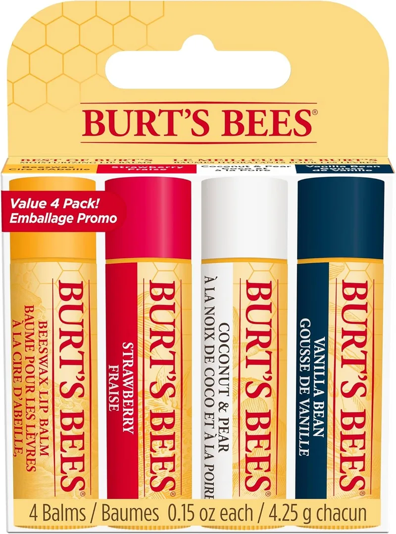 Burt's Bees ▫️ Lip Balm Multi-Pack, Cera de Abelha, Morango, Coco e Pera, Baunilha, Best of Burt's, 4 x 4,25 gramas