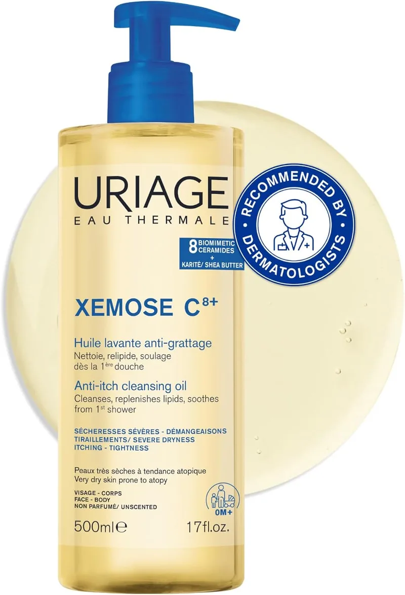 Uriage ▫️ Xemose C8+ Gel de Banho para Pele Seca, com Tendência Atópica - Acalma para um conforto duradouro - Gel em óleo espumoso, suave e nutritivo - Rosto e corpo - Sem perfume nem sabão - pH fisiológico