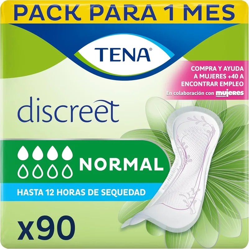 TENA ▫️ Discreet Normal x90 - Protetor diário para incontinência feminina - Absorção normal para fraqueza moderada da bexiga e perdas de urina - Até 12 horas de secura - Embalagem mensal (6x15)