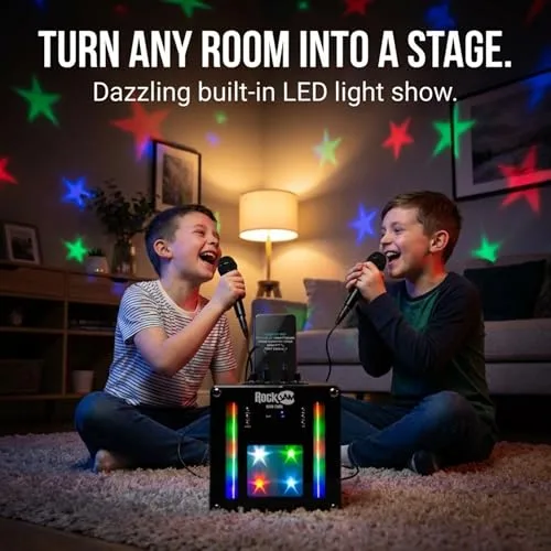 RockJam ▫️ singcube - Aparelho de karaoke Bluetooth recarregável de 5 watts com dois microfones, efeitos de alteração de voz e luzes LED, cor preta 2