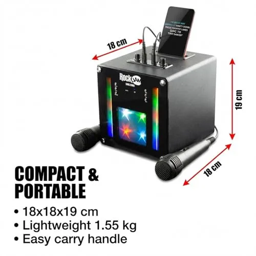 RockJam ▫️ singcube - Aparelho de karaoke Bluetooth recarregável de 5 watts com dois microfones, efeitos de alteração de voz e luzes LED, cor preta 3