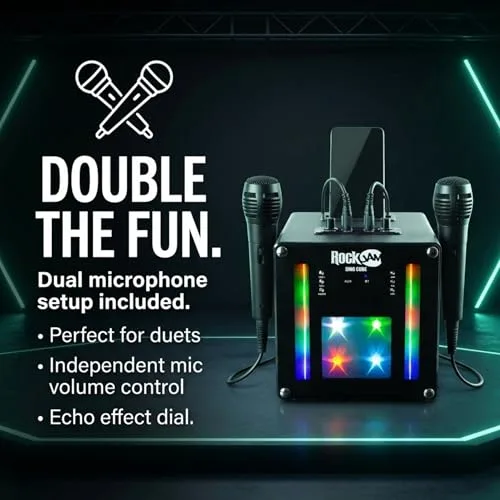 RockJam ▫️ singcube - Aparelho de karaoke Bluetooth recarregável de 5 watts com dois microfones, efeitos de alteração de voz e luzes LED, cor preta 4