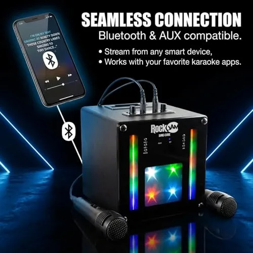 RockJam ▫️ singcube - Aparelho de karaoke Bluetooth recarregável de 5 watts com dois microfones, efeitos de alteração de voz e luzes LED, cor preta 5