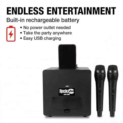 RockJam ▫️ singcube - Aparelho de karaoke Bluetooth recarregável de 5 watts com dois microfones, efeitos de alteração de voz e luzes LED, cor preta 6