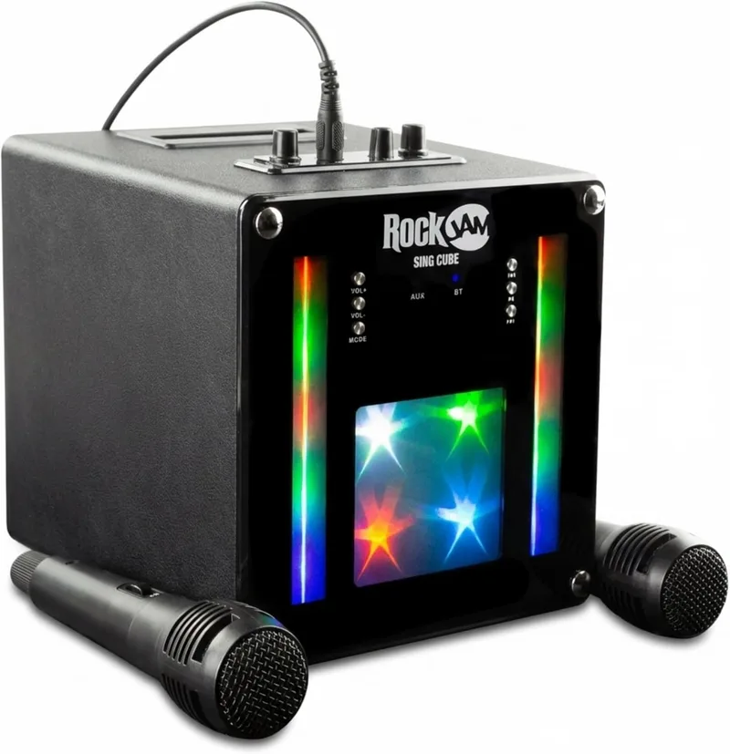 RockJam ▫️ singcube - Aparelho de karaoke Bluetooth recarregável de 5 watts com dois microfones, efeitos de alteração de voz e luzes LED, cor preta