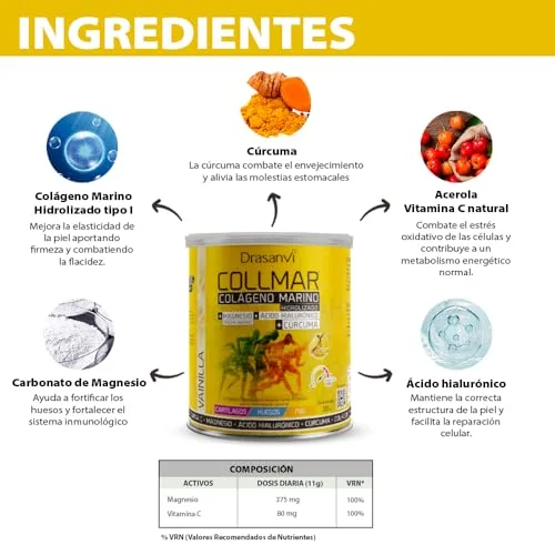 Drasanvi ▫️ COLLMAR Colagénio Marinho Hidrolisado + Cúrcuma com Magnésio, Vitamina C e Ácido Hialurónico para o bem-estar articular e muscular | Absorção máxima de 9 355 mg/dia | 300 g de pó | Sabor a baunilha 3