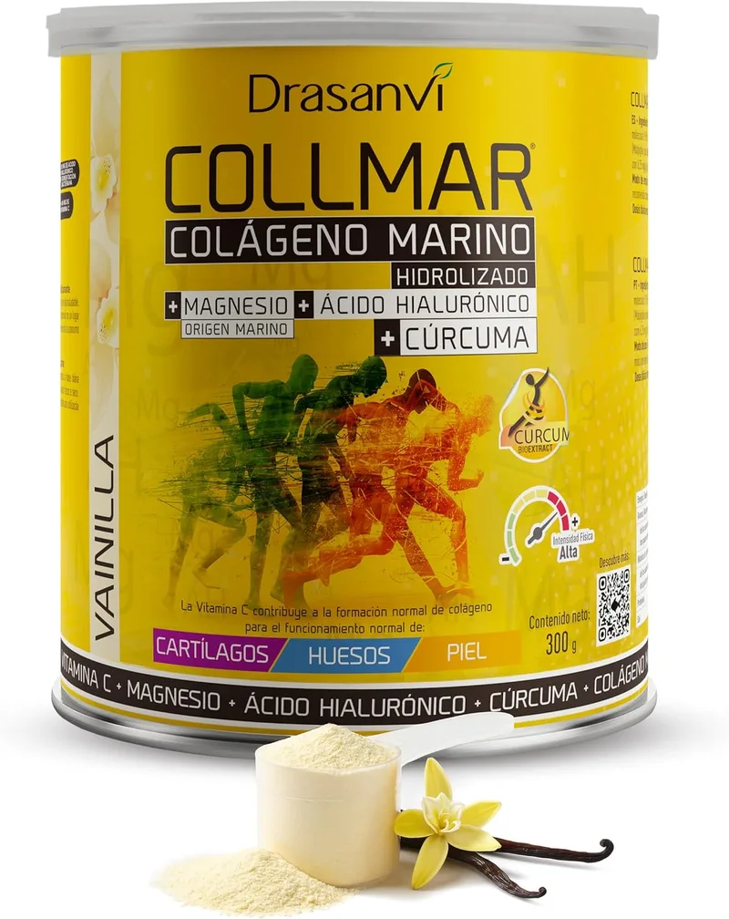 Drasanvi ▫️ COLLMAR Colagénio Marinho Hidrolisado + Cúrcuma com Magnésio, Vitamina C e Ácido Hialurónico para o bem-estar articular e muscular | Absorção máxima de 9 355 mg/dia | 300 g de pó | Sabor a baunilha